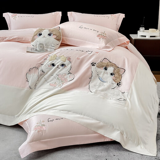 Mercury Series Class A Long Staple Cotton Four-piece Set 2025 New Cotton Cartoon Cat Embroidered Quilt Cover Pure Cotton Sheet Cute Bedding 4 Hot-Selling Type A Maternal and Infant Grade Long Staple Cotton Sweet Diary-Iceberry Pink 1.8m Sheet Style Four-piece Set Quilt Cover 200*230