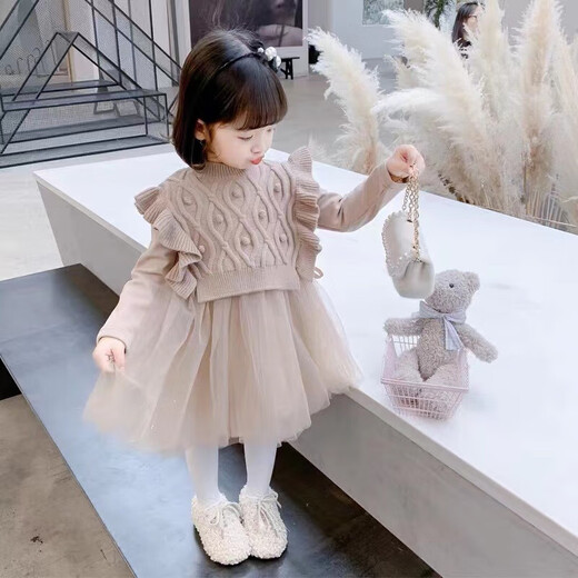 Winter children's sweater bottoming skirt girl princess dress vest two-piece set baby girl dress princess style suit pink 110 cm