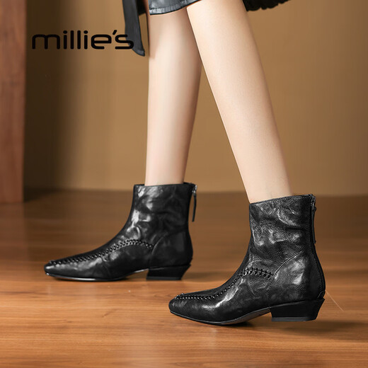 Millies Genuine Leather Sheepskin Ankle Boots Women's Chelsea Slim Boots Plus Velvet Short Boots Women's Square Toe Thick Heel Women's Boots Black 37