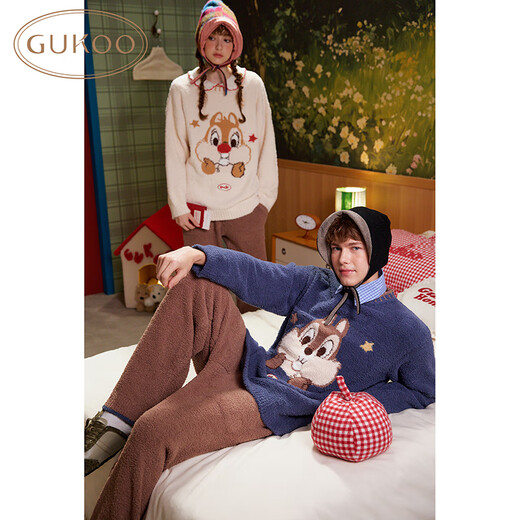 Gukoo Couple Pajamas Winter Half Velvet Warm New Chichititi Joint Women's Homewear Set Men's Pajamas D Green Gray Blue Men's Suit XL