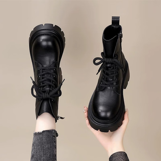 Woodpecker Leather Martin Boots Women's 2025 Autumn and Winter New British Style Versatile Small Leather Shoes Thick Sole Heightening Slim Short Boots Women Black 37 (235mm)