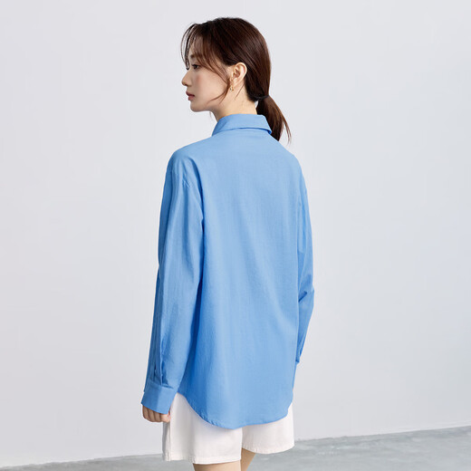 INMAN Ramie Cotton French Commuting Blue Shirt Women's 2025 Autumn Fashionable Loose Slim Long Sleeve Shirt Sky Blue M