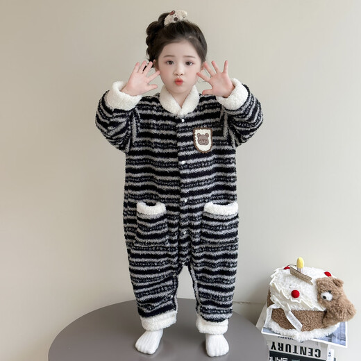 Cool sheep children's one-piece pajamas winter warm flannel children's baby sleeping bag winter thickened girls striped home clothes dark gray 140