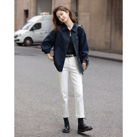 Demana warm brushed cloud-like cotton winter lapel denim shirt fawn embroidered pocket loose shirt women's top