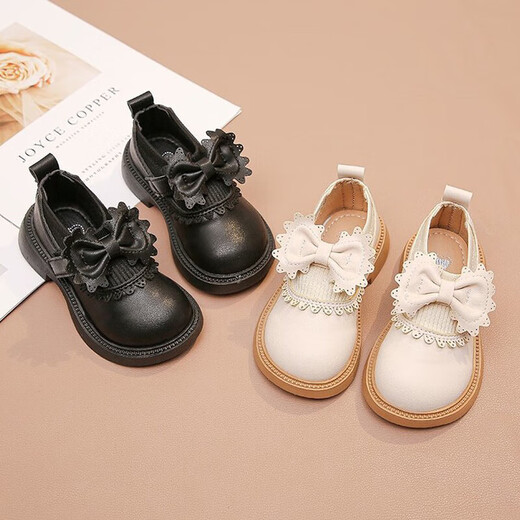 Bangboshi Girls' Small Leather Shoes Princess Shoes 2026 Four Seasons New British Style Girls' Versatile Soft Sole Performance and School Wear Single Shoes Bow-Off-White Size 28 Inner Length 17.4cm