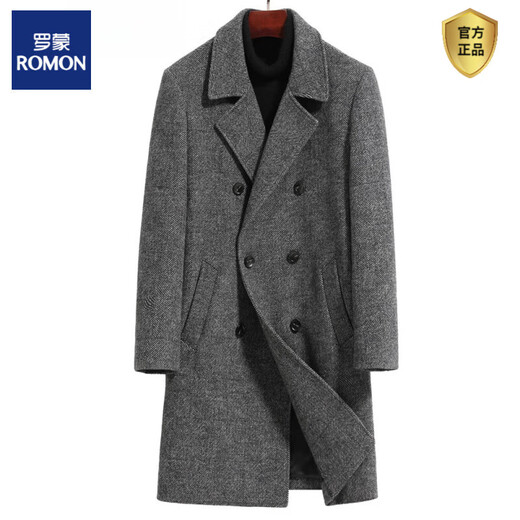 ROMON autumn and winter single-faced wool coat men's mid-length warm youth thickened windbreaker wool woolen men's coat trendy double-breasted herringbone gray nylon lining L (100-125Jin Jin equals 0.5 kg)