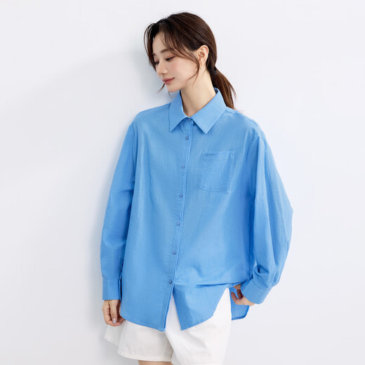 INMAN Ramie Cotton French Commuting Blue Shirt Women's 2025 Autumn Fashionable Loose Slim Long Sleeve Shirt Sky Blue M