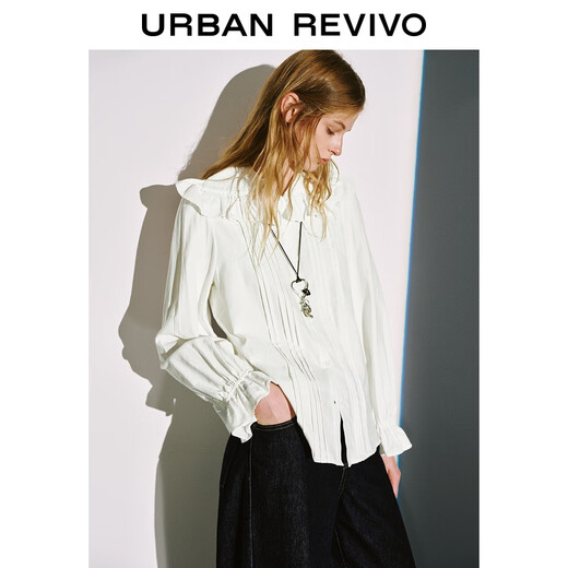 UR2025冬季新款女装休闲娃娃领荷叶边棉质开襟衬衫UYL250169 本白 M