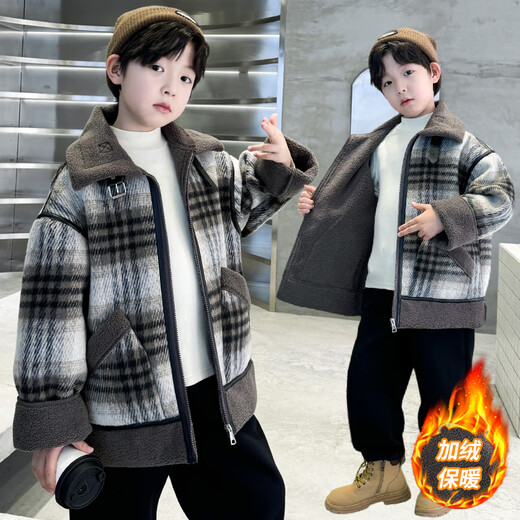 Monkey Brother Boy's Velvet Jacket Autumn and Winter Clothing Medium and Large Children's Western Style Mid-Length Woolen Coat Boys' Winter Clothing Thickened Top Picture Color 150