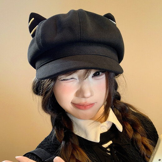 Changyin niche cute cat ear octagonal hat for women in autumn and winter, Japanese style, sweet and versatile, small literary newsboy beret, black cat ear hat, one size M (56-58cm)
