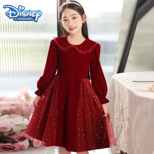 Disney Girls Dress Velvet Children's Skirt Red Princess Dress Host Performance Clothes Autumn and Winter Long Sleeve Plus Velvet Red Regular 130