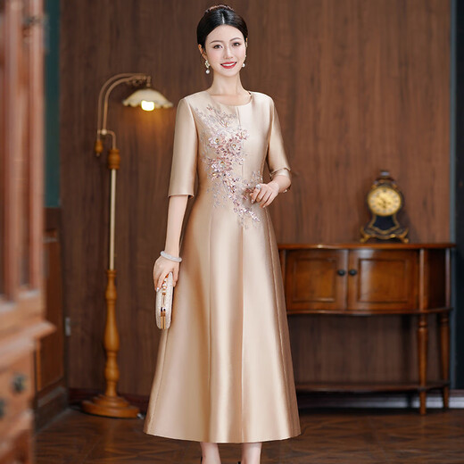 Seasonal champagne color grandma's dress autumn and winter new mother's wedding wedding banquet elegant mid-length dress 3 champagne gold 8010 M (90Jin Jin is equal to less than 0.5 kg)