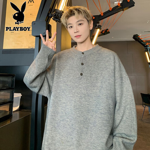 Playboy (PLAYBOY) Henry collar sweater men's winter new old money style casual bottoming shirt men's pullover warm sweater men's clothing black M