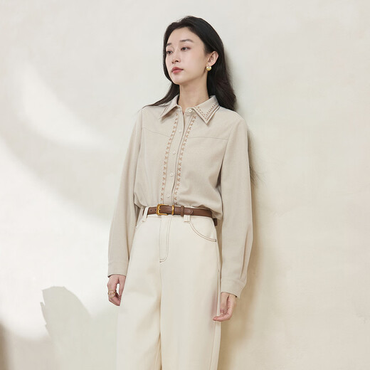 Xiran 2025 winter new style commuting simple and versatile temperament casual loose slimming embroidered long-sleeved shirt for women light khaki XL