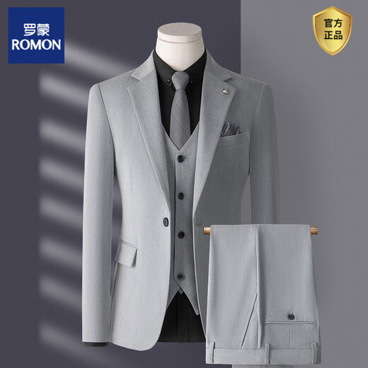 ROMON suit men's three-piece Korean style slim business casual suit groom's wedding dress light gray top + pants + vest with shirt collar S