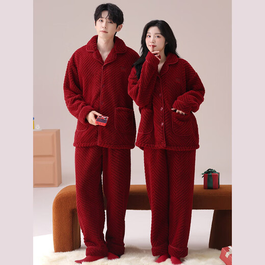 Modal Light Luxury Red Pajamas Wedding Couple Wear Couple Women Autumn and Winter Coral Velvet Newly Married Men's Flannel Birth Year Men's Flannel 8803 L Women's Style Suitable for 100-120 Jin Jin equals 0.5 kg