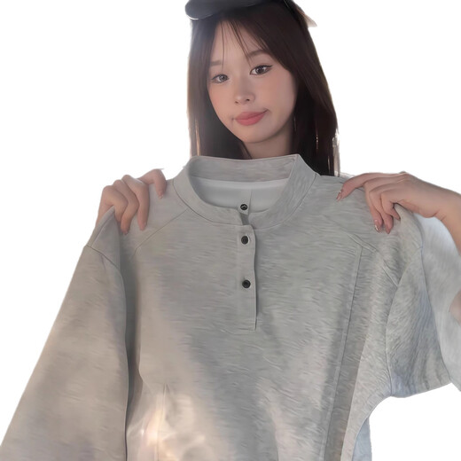 Light gray American Henry collar sweatshirt for men, spring and autumn high-end polo shirt, long-sleeved T-shirt with base layer, light gray M