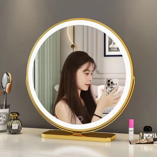 New mirror makeup mirror with light master bedroom makeup mirror desktop desktop bedroom home makeup table mirror gold (plugged in) three-color lamp + rotatable 40x45cm