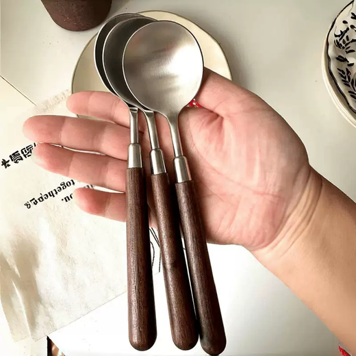 Yusenyi trendy anti-walnut grain wooden handle spoon Western food spoon stainless steel round spoon soup spoon eating spoon soup spoon larger spoon walnut grain long handle thickened round spoon (pack of 6)