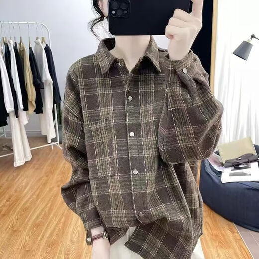 Gobanya lazy style velvet thickened plaid shirt for women retro simple casual loose lapel winter warm shirt jacket blue plus velvet L 90-110Jin Jin equals 0.5 kg