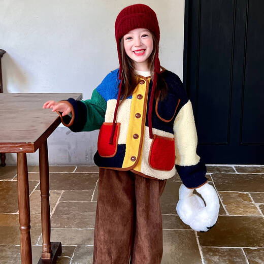 Gardenia's Growth Notes Gardenia's Growth Notes Girls' Clothes Retro Contrast Color Loose Jackets Autumn New Style Children's Baby Plush Coats Western Style Jackets 120
