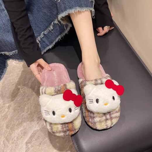 Girls indoor home slippers, winter fashionable cute cat fur shoes, warm non-slip cartoon cotton slippers for women, purple plaid-KT cat cotton slippers 37.5 38-39 size (suitable for 37-38)