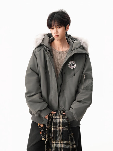 OEMG detachable fur collar hooded cotton jacket for men in autumn and winter, thickened warm quilted parka jacket, navy blue high quality XL recommended 125-145Jin Jin equals 0.5 kg