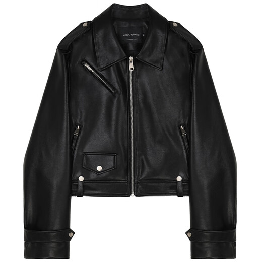 VEGA CHANG black leather jacket for women 2025 autumn new British style cool motorcycle leather jacket short coat Obsidian Black S