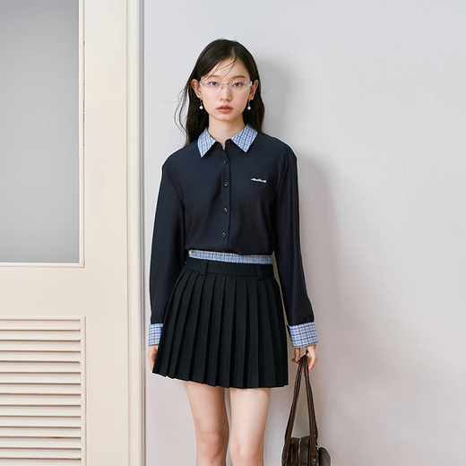 Lady Bird Navy Long Sleeve Shirt Women's Commuting Casual Top Workplace Slim Right Shoulder Anti-Wrinkle Shirt