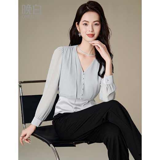 Late White New Product 2025 Autumn V-neck Temperament Top Fashionable Versatile Slim Commuting Shirt for Women Silver Gray M