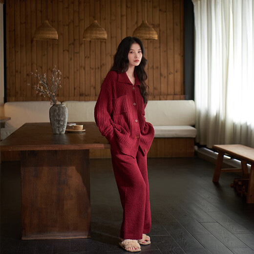 Sha Qian Autumn and Winter New Red Half Velvet Couple Pajamas Newly Married Men and Women Coral Velvet Home Clothing Set L857061-L957061 Maroon L Female (Height 166-170, Weight 100-130)