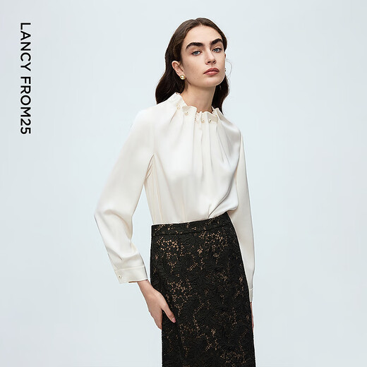 Langzi Acetic Acid Retro Pearl Wave Collar Shirt Design Temperament Commuting Shirt Women 2025 Winter New White 2 M