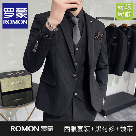 ROMON Striped Suit Men's Suit Business Casual Professional Interview Slim Formal Men's Suit Black Groom Wedding Suit 961 Black (suit + trousers) + black shirt and tie 4XL (recommended 155-165 Jin Jin equals 0.5 kg)