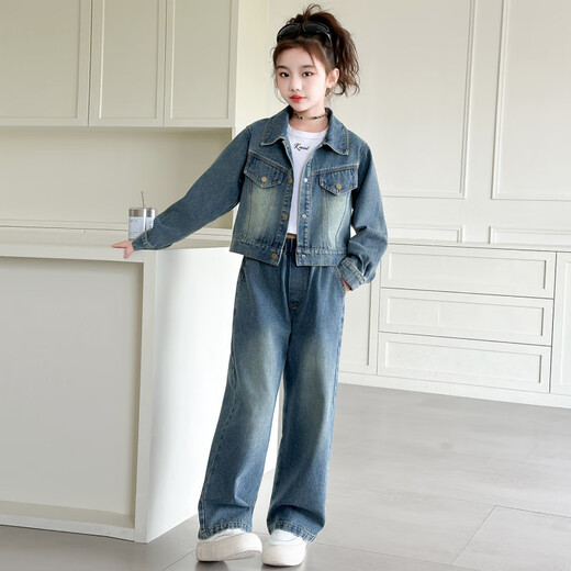 WOATI International Imported Big Brand Children's Clothing Girls Autumn Denim Suit 2025 New Children's Fashionable Spring and Autumn Medium and Large Blue Jacket + Pants 130 cm