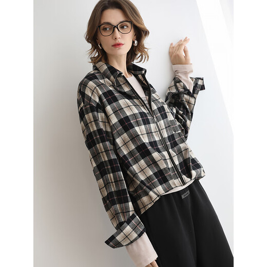 COCOBELLA25 Early Autumn New Cotton Plaid Shirt Women's Commuting Casual Fashion Jacket SR3230 Color Black Plaid M