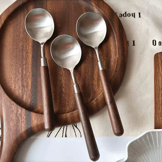 Yusenyi trendy anti-walnut grain wooden handle spoon Western food spoon stainless steel round spoon soup spoon eating spoon soup spoon larger spoon walnut grain long handle thickened round spoon (pack of 6)