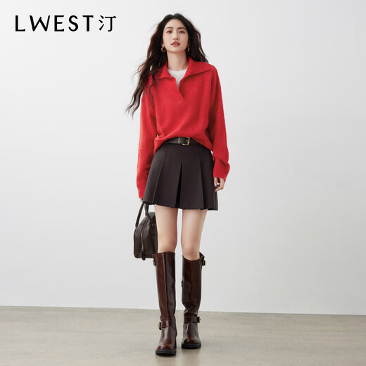 L.WEST Red Sweater Women's 2025 Winter New Atmosphere Temperament Lapel Loose Slim Pullover Top Red M 100-110Jin Jin is equal to 0.5 kg