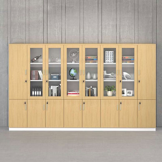 Jianyimao Office File Cabinet Wooden Lockable Data File Cabinet Office Cabinet Glass Door Drawer Boss Background Cabinet Maple Color 8-Door Cabinet