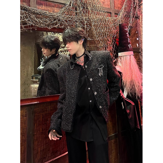 Chihuan Light Luxury Shoulder Pads Small Fragrance Style Suit Jacket Men's High-end and Handsome Cleanfit Male Model Wear Two-piece Suit Black Suit Two-piece XL