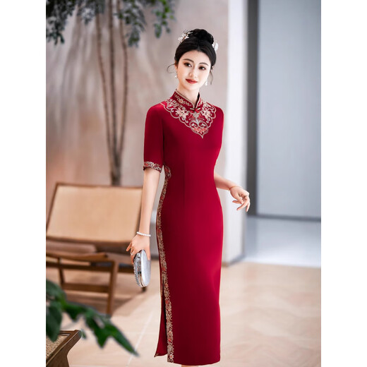 Rabbit style etiquette dress cheongsam Ao Dai cheongsam dress improved version cheongsam catwalk performance long cheongsam dress burgundy 2XL