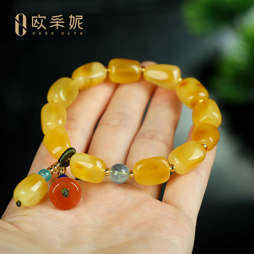 Ouchini Beeswax Bracelet Natural Amber Beeswax Shape Aquamarine with Southern Red Pendant Multi-Bracelet Women's Style Gift One-item One-Certificate Supports Re-inspection