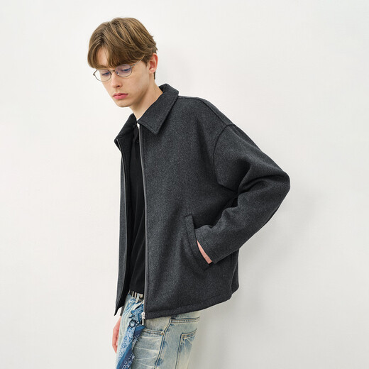 714street old money style wool blended lapel jacket 2025 autumn and winter silhouette woolen jacket for men dark gray M