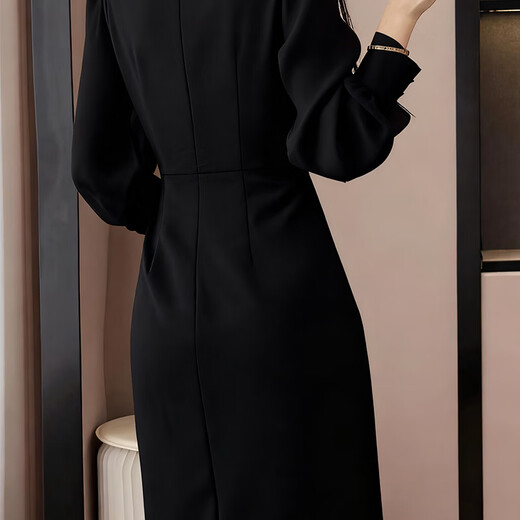 Bangboshi Black Dress Women's 2025 Autumn New Slim Fit Square Neck High-Quality French Casual Long Dress French Square Neck Black Dress Long Sleeve M Suitable (101-115)