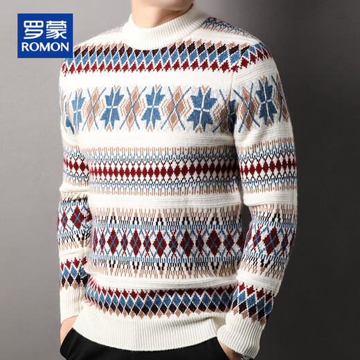 ROMON 100% pure wool sweater for men in autumn and winter, thickened and warm, half turtleneck, retro pattern, young and middle-aged sweater, bottoming shirt for men