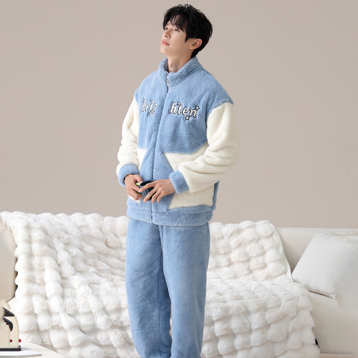 LangSha Couple Pajamas Two sets of price Winter coral velvet warm plus velvet suit casual cardigan can be worn as home clothes 3617 couple M female + L male