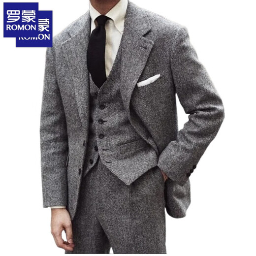 Romon Peaky Blinders retro wool suit jacket autumn British tweed slim casual men's dress suit winter dark gray top XL