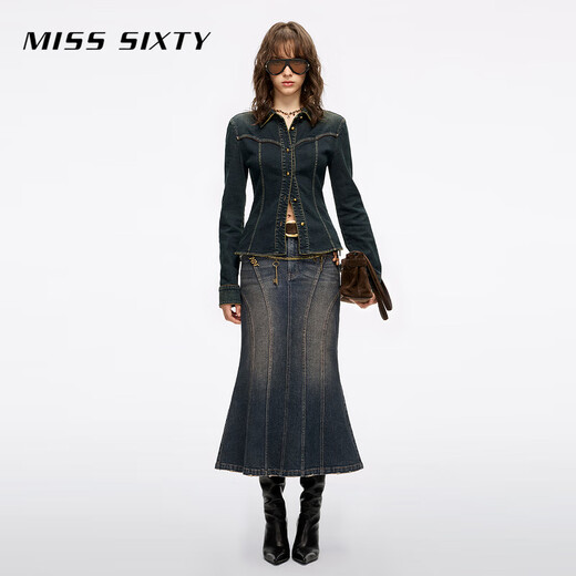 MISS SIXTY2025 winter new long-sleeved denim shirt for women retro washed lapel single-breasted retro blue M