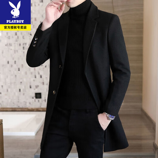 Playboy Autumn and Winter Men's Windbreaker Mid-Length Korean Slim Wool Woolen Coat Handsome and High-end Long Woolen Coat F20 Gray Cotton Thickened XL (115-130Jin Jin is equal to 0.5kg)