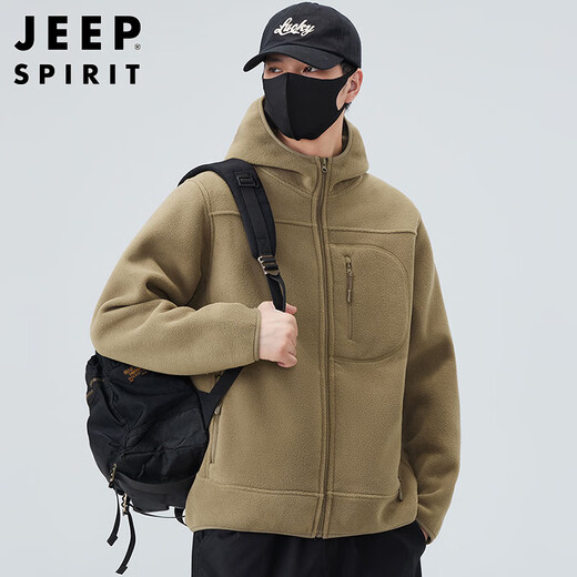JEEP SPIRIT Jeep jacket men's autumn and winter trendy loose double-sided polar fleece hooded jacket men's top Khaki XL