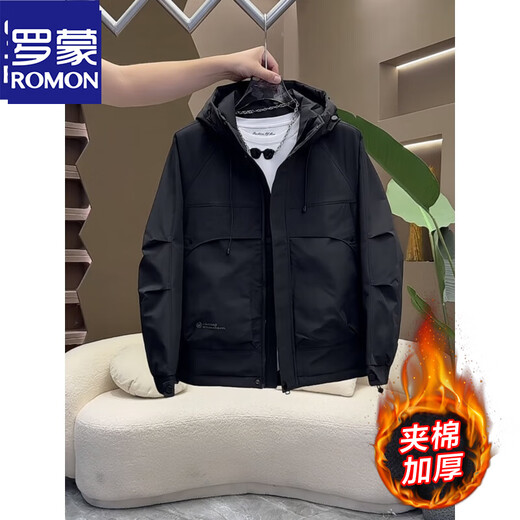 ROMON autumn and winter new men's assault quilted jacket 2025 thickened windproof workwear hooded two-cotton jacket black thick quilted XL recommended weight 135-150Jin Jin equals 0.5 kg